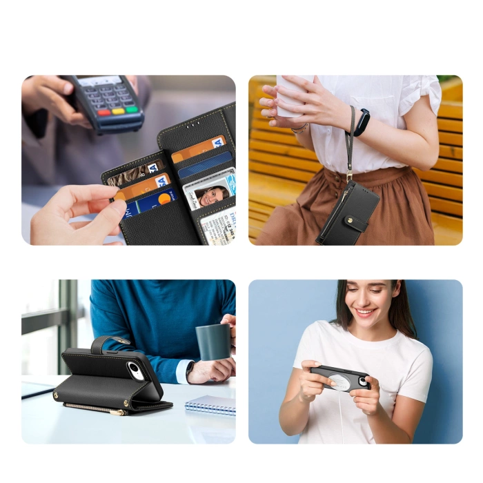 Dux Ducis Lawa iPhone 16e Lederhülle mit abnehmbarer magnetischer Brieftasche - Schwarz