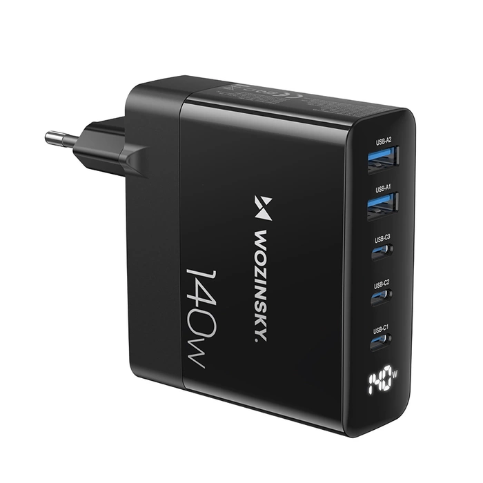 Wozinsky CGWCB 140W GaN nástěnná nabíječka 3 x USB-C / 2 x USB-A - černá