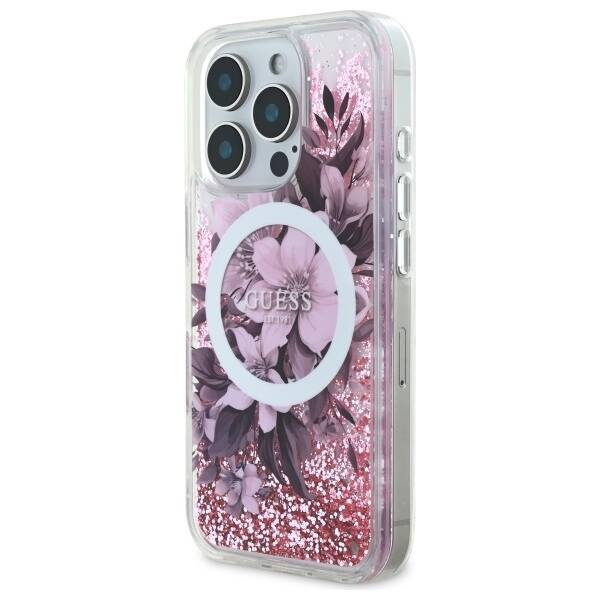 Etui Guess iPhone 16 Pro 6.3"   różowy/pink hardcase Liquid Glitter Flower MagSafe