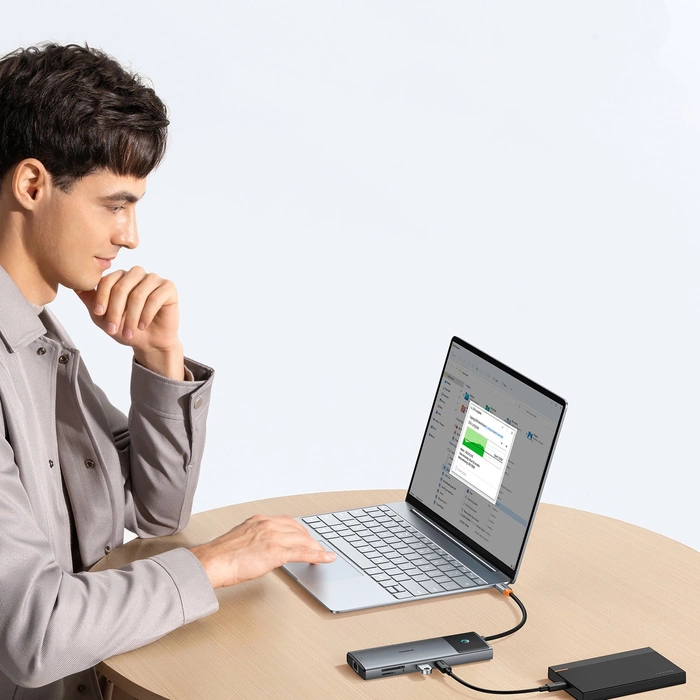 HUB 10in1 Baseus Metal Gleam Series II USB-C vers HDMI 4K 120Hz / HDMI 4K 60Hz / USB-A 10Gb/s / 2xUSB-A 480Mb/s / USB-C 10Gb/s / RJ45 / SD / TF / USB-C PD - gris