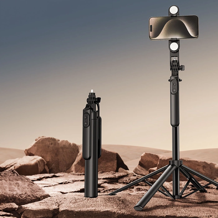 Selfie Stick WH181D-Y1S Teleskopstativ 1,75 m aus Aluminiumlegierung mit Dual-Licht und Telefonhalter – Schwarz