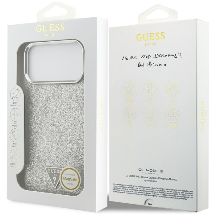 Etui Guess Glitter Triangle Logo MagSafe do iPhone 17 Pro Max srebrny