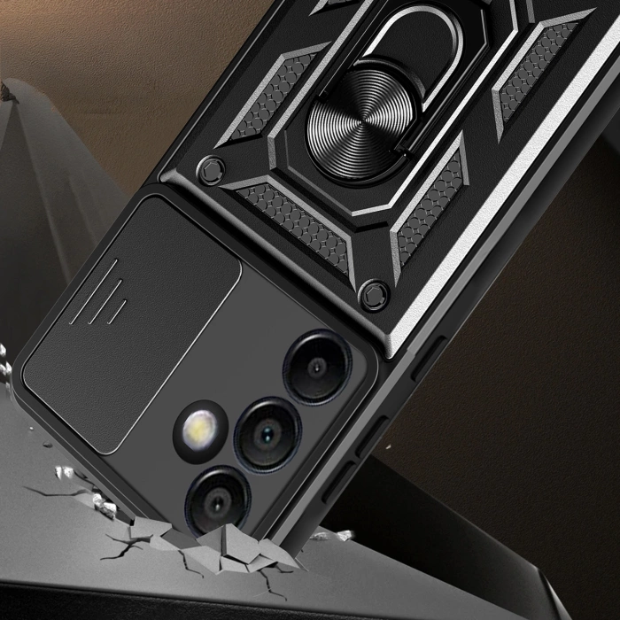 Hybrid Armor Camshield-Hülle mit Kameraabdeckung und Metallring für Samsung Galaxy S24 FE – Schwarz