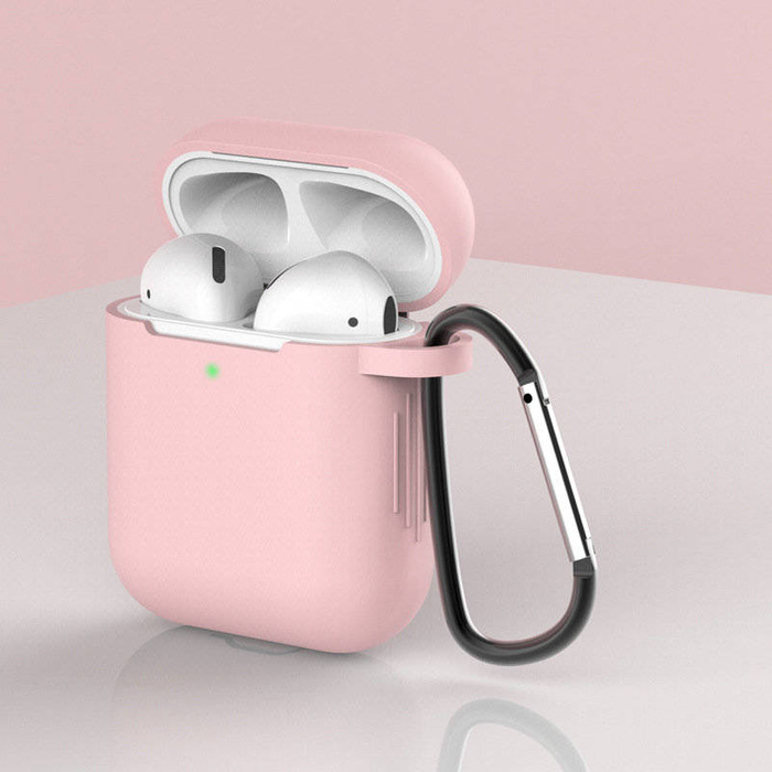 Custodia per AirPods 2 / AirPods 1 custodia morbida in silicone per cuffie + ciondolo moschettone portachiavi rosa (custodia D)