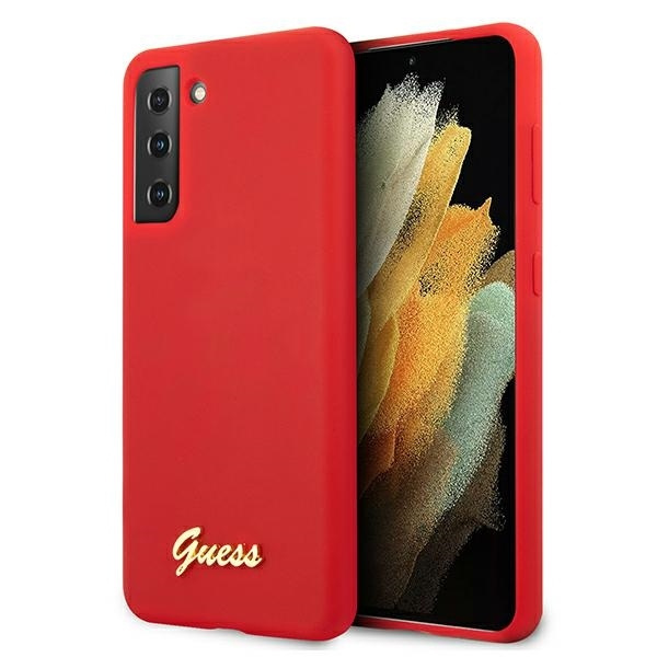 Pouzdro GUESS Samsung Galaxy S21 Plus Silicone Script Metal Logo GUHCS21MLSLMGRE Červené pevné pouzdro