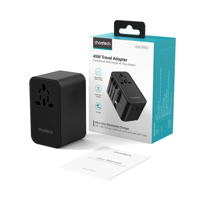 Choetech PD5021 45W EU / US / AUS / UK Reiseadapter mit integriertem kabel USB-C - schwarz