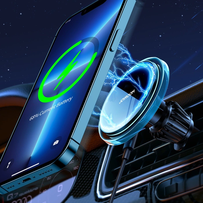 Joyroom uchwyt samochodowy do telefonu z ładowarką indukcyjną Qi 15W (kompatybilną z MagSafe) na kratkę nawiewu srebrny (JR-ZS291)
