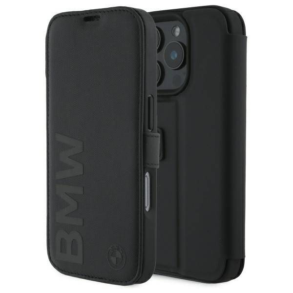 Cover BMW iPhone 16 Pro Max nero/nero librocase Signature Pelle Wordmark