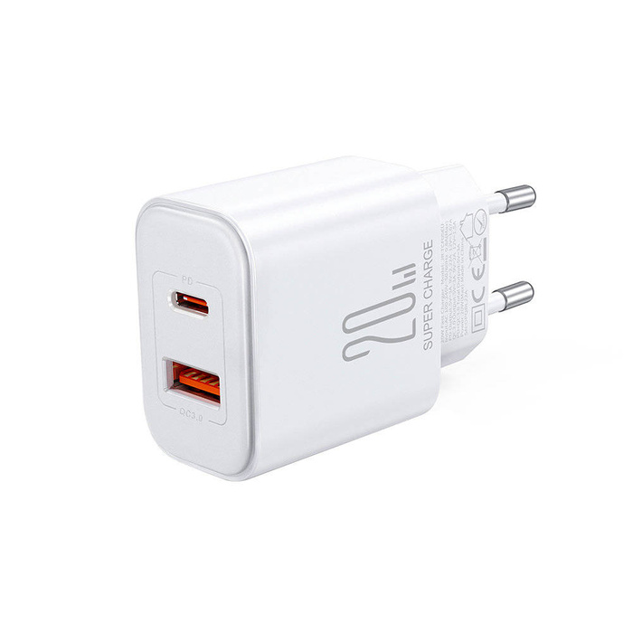 Joyroom JR-TCF05 20W USB-C / USB-A Rychlá dvouportová nástěnná nabíječka – bílá + USB-C – Lightning 1m