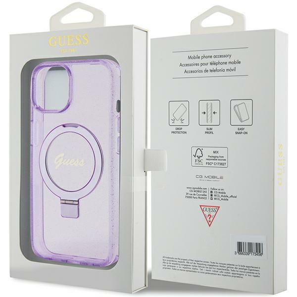 Etui Guess GUHMP15MHRSGSU iPhone 15 Plus 6.7" fioletowy/purple hardcase Ring Stand Script Glitter MagSafe Case