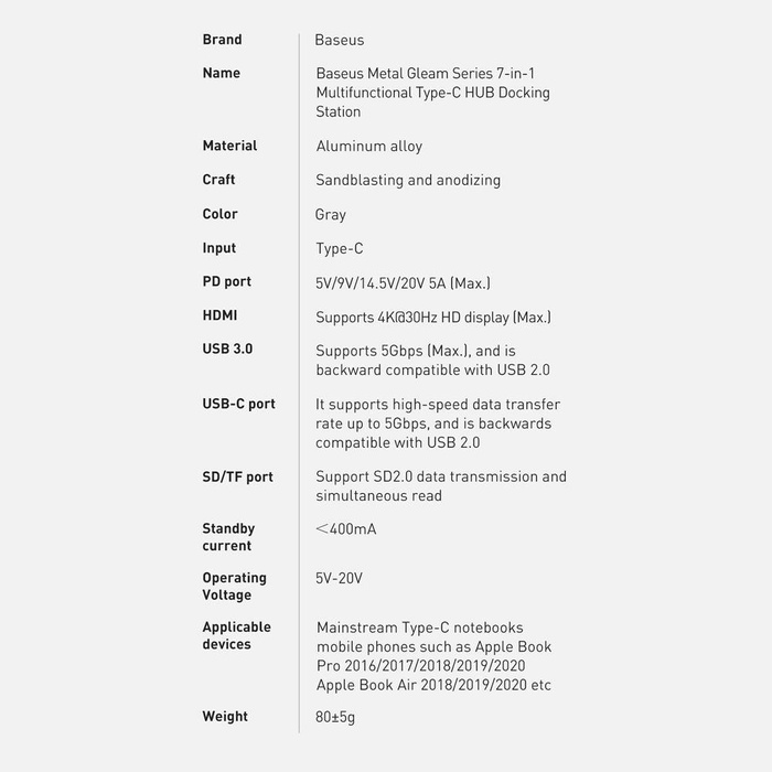 Baseus Metal Gleam Series multifunktionaler HUB USB 7in1 Typ C HDMI TF PD Kartenleser grau (WKWG020113)