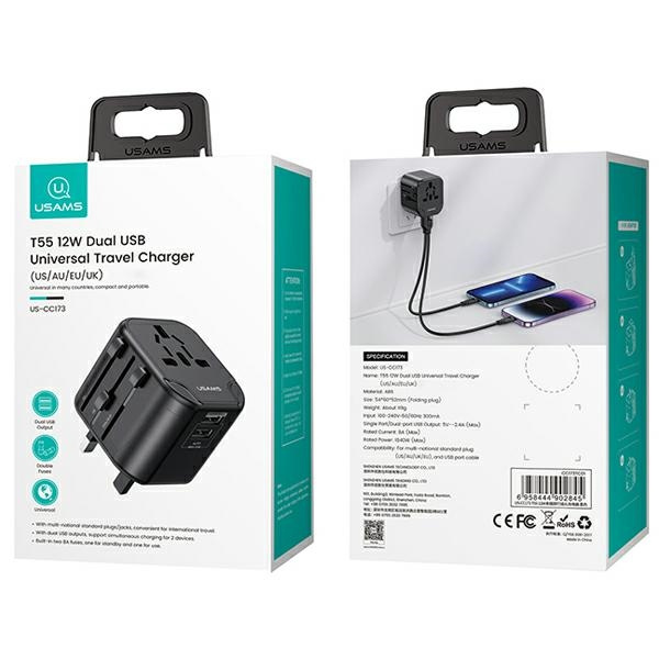 Nabíječka USAMS. 2xUSB T55 12W adaptér 4v1 US/AU/EU/UK černý/černý CC173TC01 (US-CC173) Cestovní nabíječka Univesal