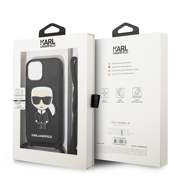 Hülle KARL LAGERFELD Apple iPhone 13 Mini Leder Monogramm Patch und Schnur Iconik Schwarz Hartcase