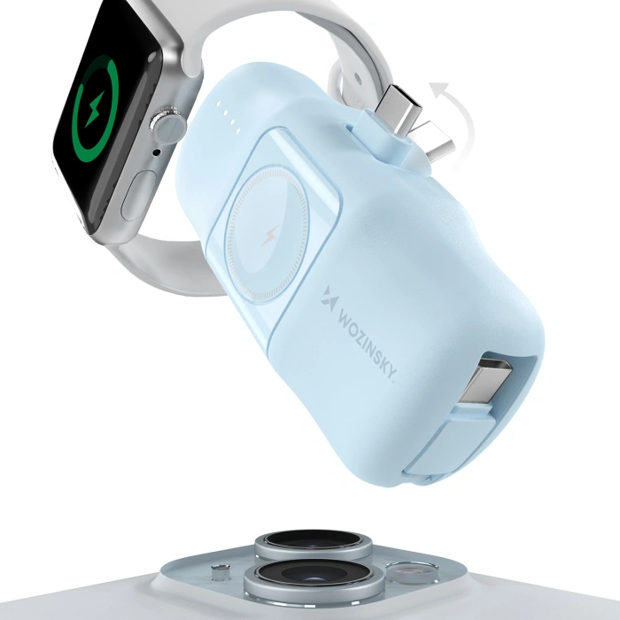 Mini powerbank Wozinsky WF16-YCS 5000mAh 15W USB-C z wbudowanym kablem USB-C i ładowarką do Apple Watch - niebieski