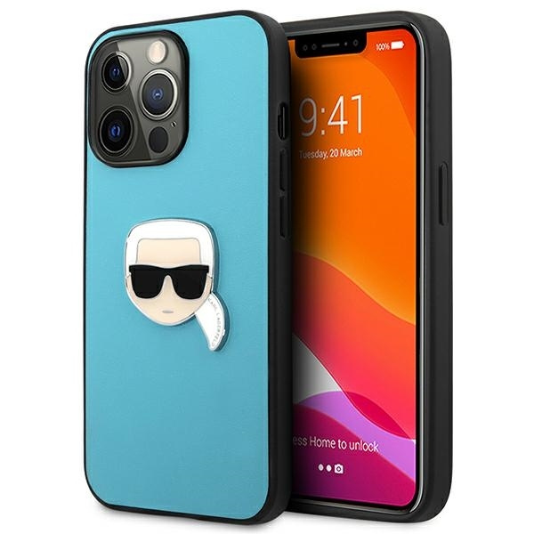 Puzdro KARL LAGERFELD Apple iPhone 13 Pro Max kožené Ikonik Karl`s Head kovové modré pevné puzdro