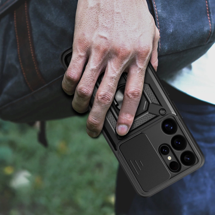 Hybrid Armor Camshield-Hülle mit Kameraabdeckung und Metallring für Samsung Galaxy S25 Ultra – Schwarz