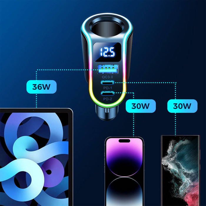 Caricabatteria da auto rapido Joyroom 4in1 USB-A QC3.0 / 2xUSB-C PD 150W nero (JR-CL21)