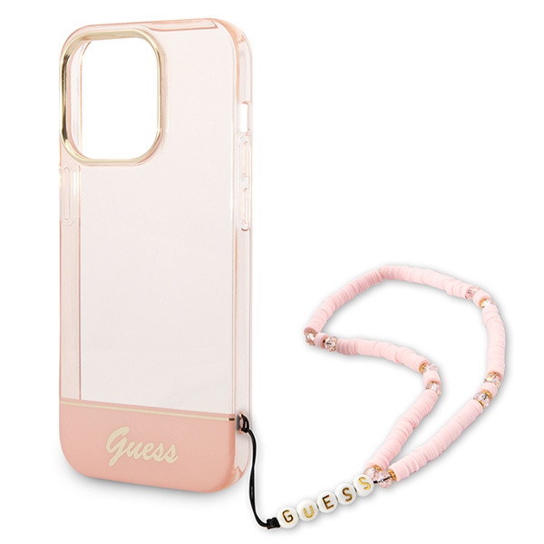 Case GUESS Apple iPhone 14 Pro Max Translucent Pearl Strap Pink Hardcase