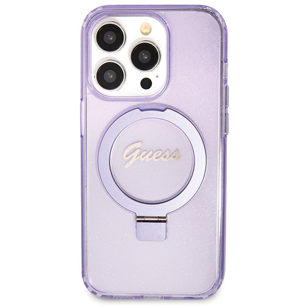 Etui Guess GUHMP14LHRSGSU iPhone 14 Pro 6.1" fioletowy/purple hardcase Ring Stand Script Glitter MagSafe Case