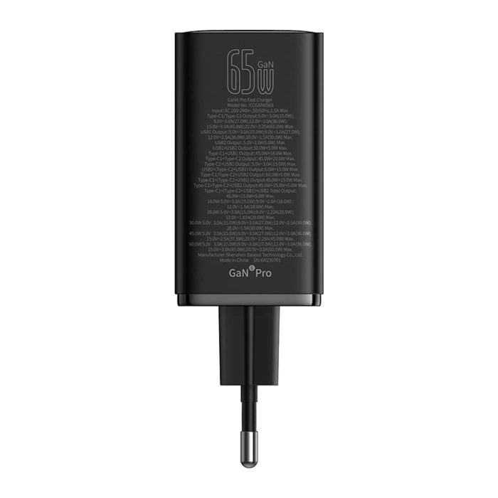 Baseus GaN6 Pro Charger 65W 2 x USB-C 2 x USB-A with Black USB-C Cable 100W 1m - Black