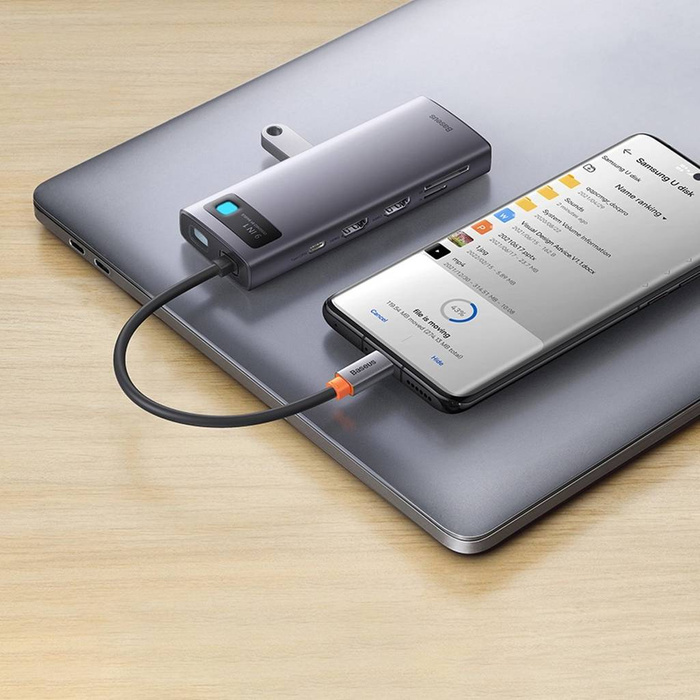 Station d&#39;accueil Baseus Metal Gleam Series HUB 9 en 1 USB Type C - 2 x HDMI / 2 x USB 3.2 Gen. 1/1 x USB 2.0 / 1 x Power Delivery / 1 x lecteur de carte SD / 1 x lecteur de carte TF / 1 x RJ-45 gris (WKWG060013)