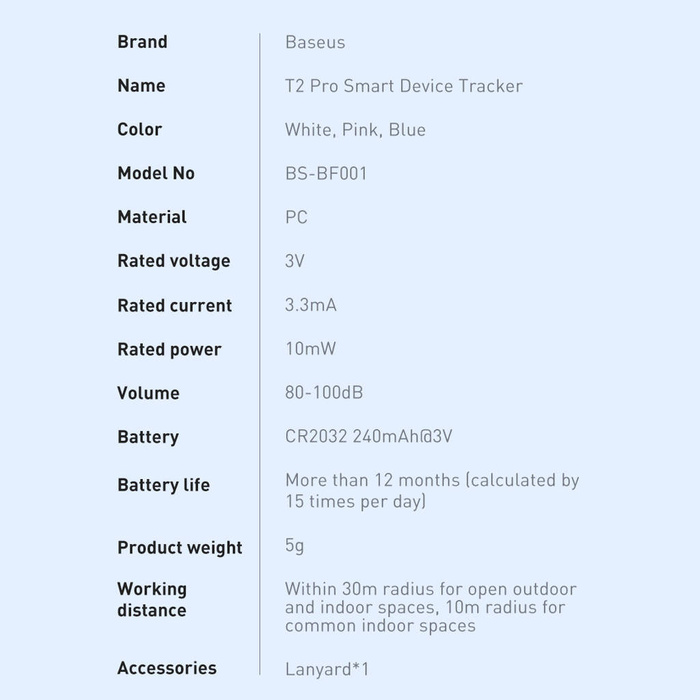 Localizador GPS inteligente Baseus T2 Pro para llaves de monedero de bebé blanco (FMTP000002)