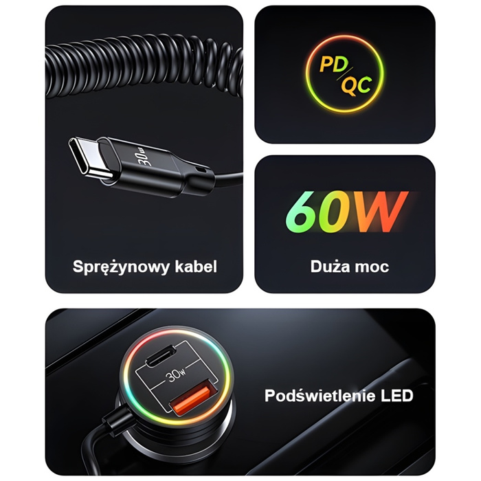 USAMS Charg. sam. 2xUSB-C 1xUSB-A C33 60W s pružinovým kabelem Fast Charge černá/černá CC167CC01 (US-CC167)