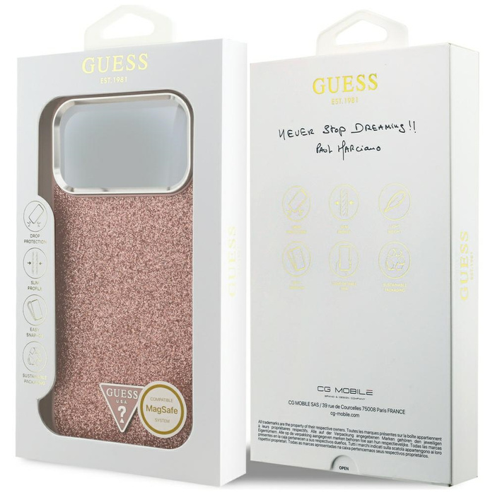 Etui Guess Glitter Triangle Logo MagSafe do iPhone 17 Pro Max różowy