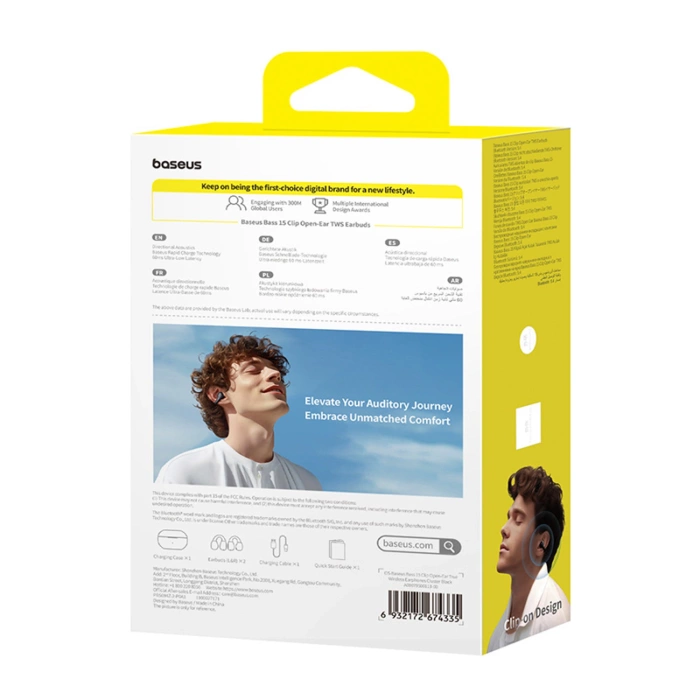 Słuchawki Baseus Bass 15 Clip OWS bezprzewodowe z kablem Baseus Simple USB-C 3A 30cm - czarne