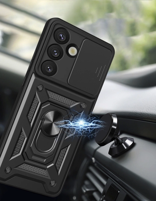 Hybrid Armor Camshield-Hülle mit Kameraabdeckung und Metallring für Samsung Galaxy S25 – Schwarz