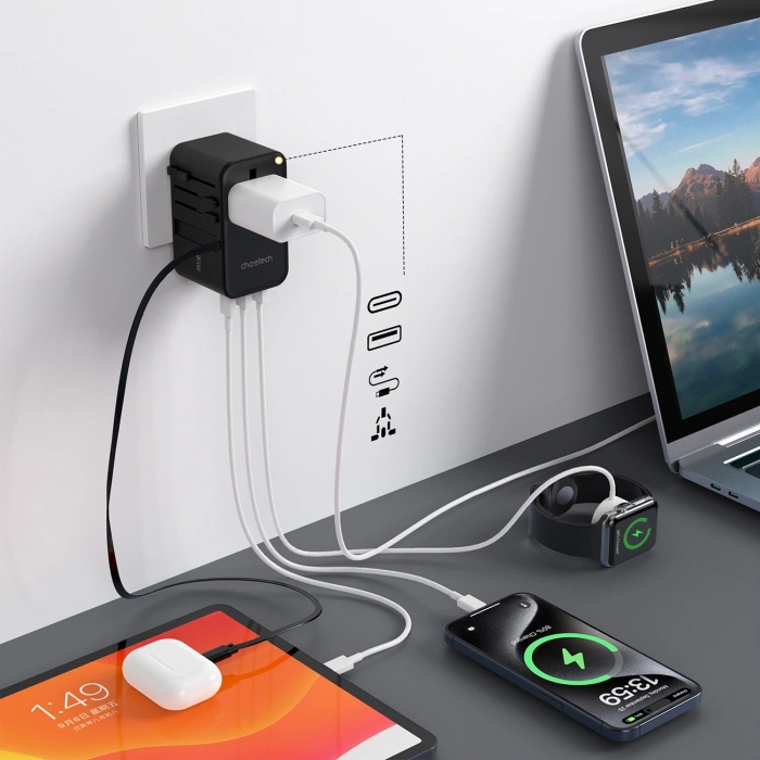 Choetech PD5021 45W EU / US / AUS / UK Reiseadapter mit integriertem kabel USB-C - schwarz
