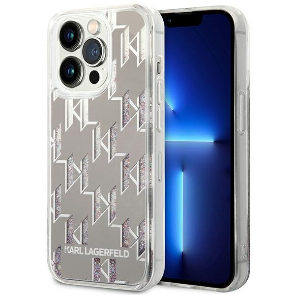 Hülle KARL LAGERFELD Apple iPhone 14 Pro Max Liquid Glitter Monogramm Silber Hartcase