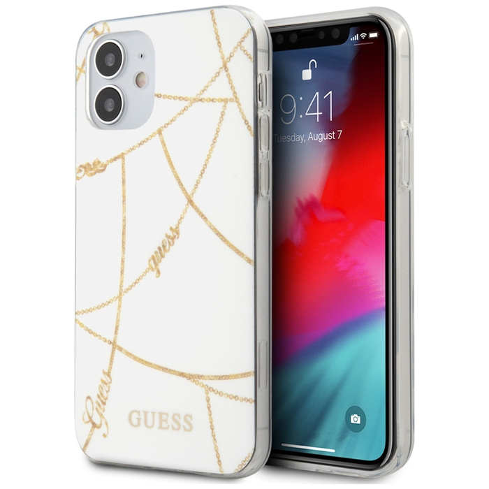 Telefontok GUESS Apple iPhone 12 Mini arany lánc kollekció GUHCP12SPCUCHWH fehér keménytokos
