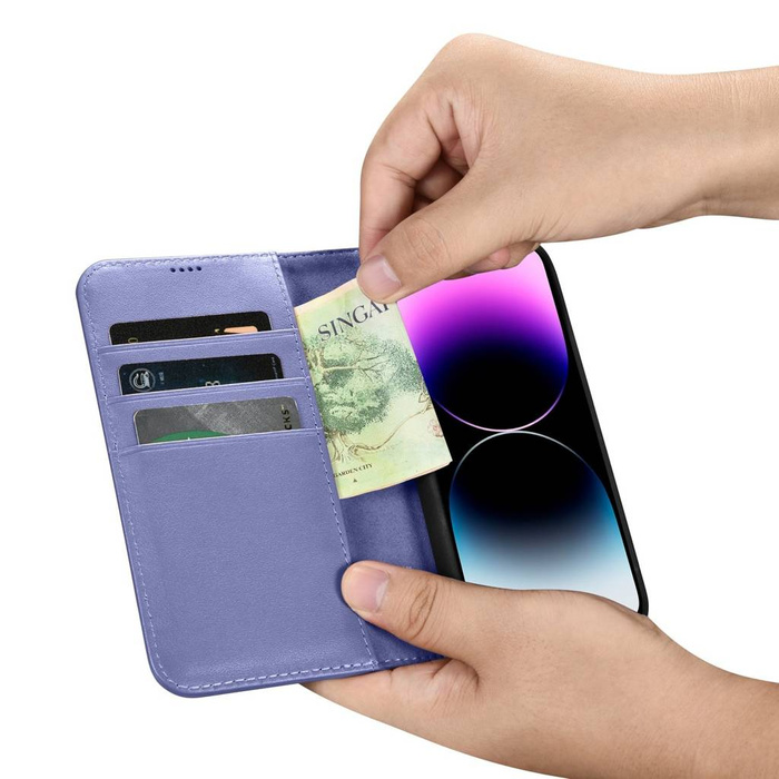 iCarer Wallet Case 2in1 iPhone 14 Pro Flip Funda de cuero Anti-RFID Violeta claro (WMI14220726-LP)
