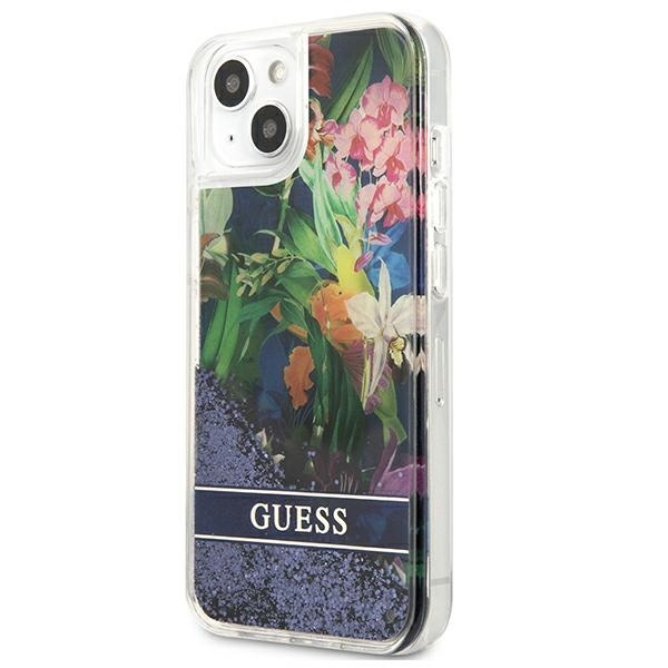 Hülle GUESS Apple iPhone 13 Mini Flower Liquid Glitter Blau Hardcase
