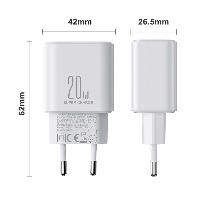 EU Joyroom JR-TCF05 20W USB-A USB-C charger + USB-C cable - white