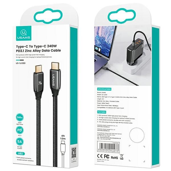 USAMS Kabel opletený kabel U82 USB-C na USB-C 1,2 m 240W PD 3.1 Fast Charging černý/černý SJ580USB01 (US-SJ580)
