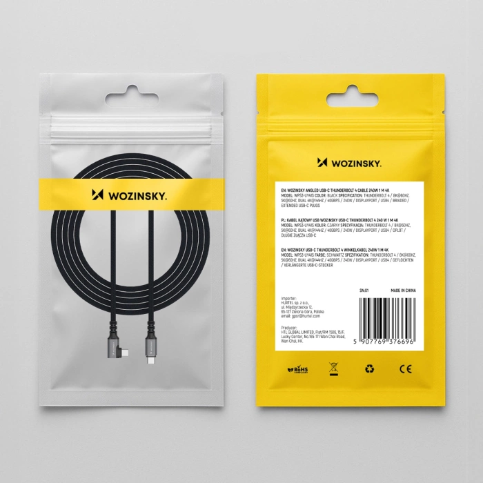 Kabel kątowy Wozinsky WPS1-UY41S USB-C Thunderbolt 4 240W 1,5m 4K - czarny
