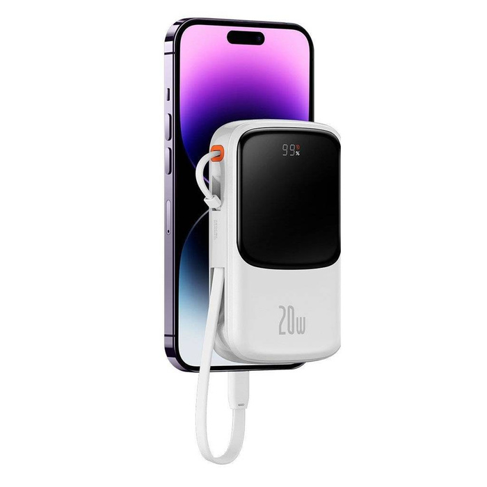 Baseus Qpow Power Bank con display digitale a ricarica rapida 10000mAh 20W QC/PD/SCP/FCP con cavo Lightning integrato bianco