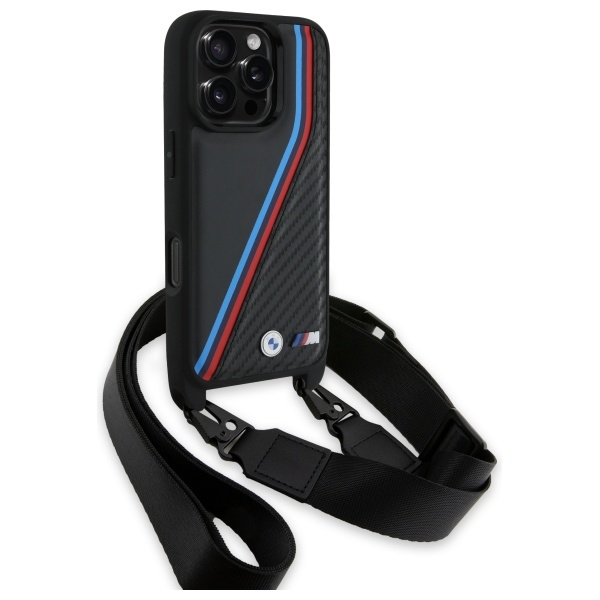 Case BMW iPhone 16 Pro Max black/black hardcase M Edition Carbon Tricolor Lines &amp; Strap