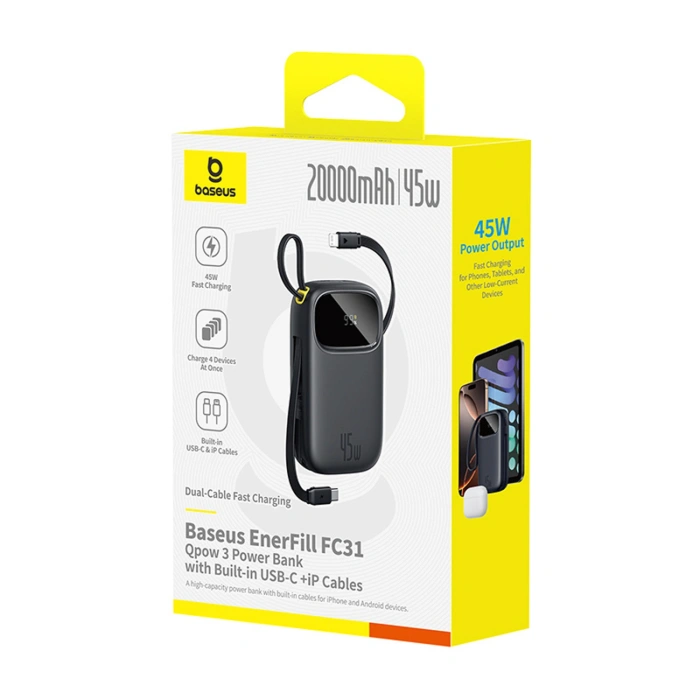 Powerbank Baseus EnerFill FC31 20000mAh 45W z wyświetlaczem z kablami USB-C i Lightning - czarny