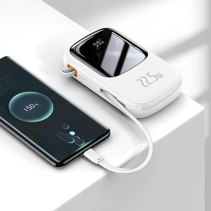Baseus Qpow Digital Display powerbanka s rychlým nabíjením 20000mAh 22,5W QC/PD/SCP/FCP s integrovaným kabelym USB-C bílá