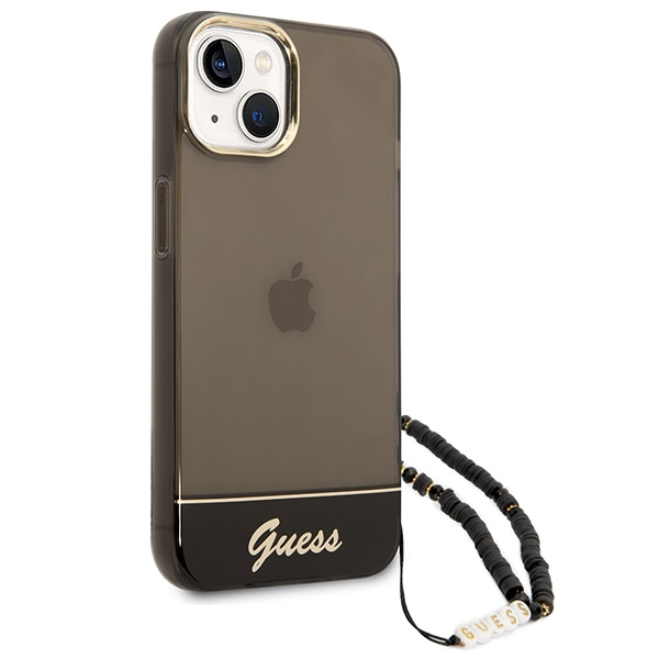 Hülle GUESS Apple iPhone 14 Plus Translucent Pearl Armband Schwarz Hartcase