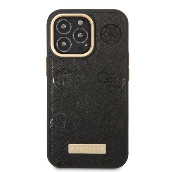 Case Guess iPhone 13 Pro / 13 6.1" black/black hardcase Peony Logo Plate MagSafe
