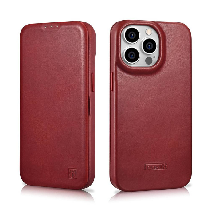 iCarer CE Oil Wax Premium Leather Folio Case Étui en cuir pour iPhone 14 Pro Flip magnétique MagSafe Rouge (AKI14220706-RD)