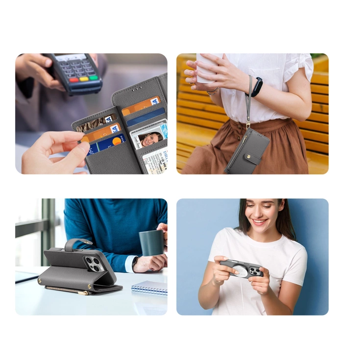 Dux Ducis Lawa Lederhülle für iPhone 16 Pro Max mit abnehmbarer magnetischer Brieftasche - Grau