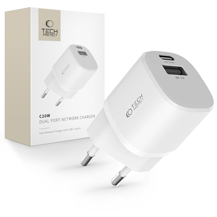 Charger TECH-PROTECT C20W MINI 2-PORT NETWORK CHARGER PD20W/QC3.0 WHITE