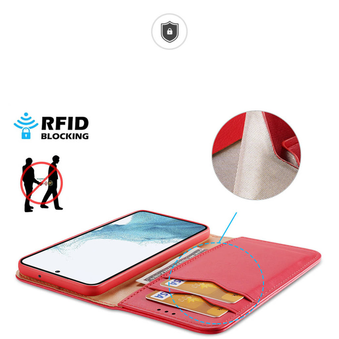 Dux Ducis Hivo obal Samsung Galaxy S23+ flip cover wallet stand RFID lock red