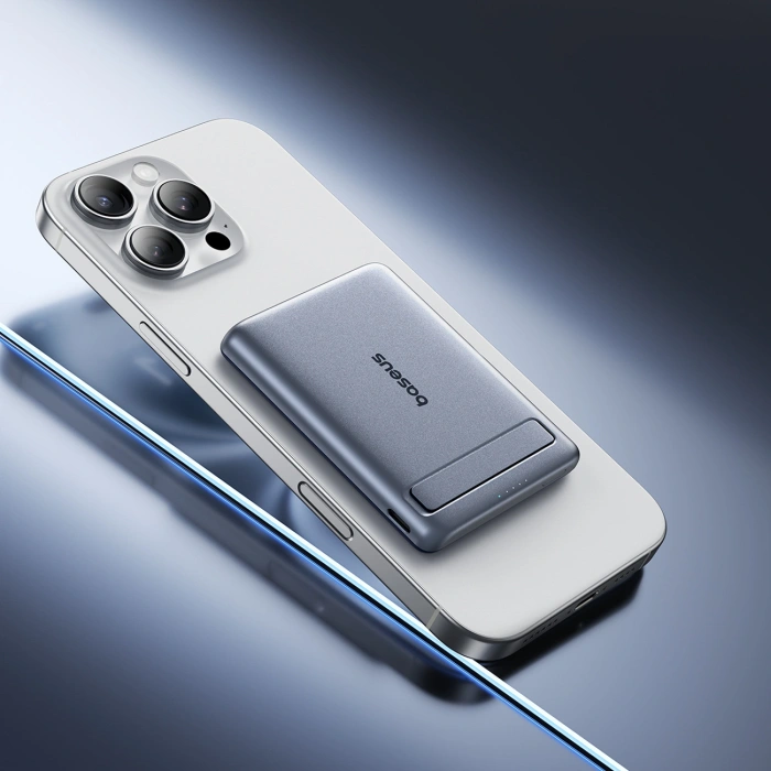 Powerbank Baseus PicoGo AM31 Qi2 5000mAh 20W ultracienki kompatybilny z MagSafe z podstawką z kablem plecionym Baseus Simple USB-C 20cm - szary