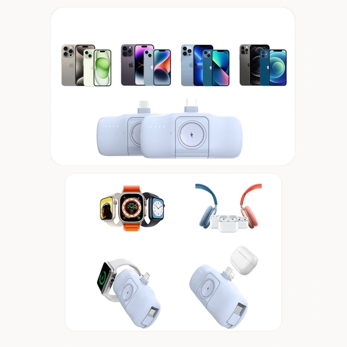 Mini powerbank Wozinsky WF16-YLS 5000mAh 15W Lightning z wbudowanym kablem USB-C i ładowarką do Apple Watch - niebieski